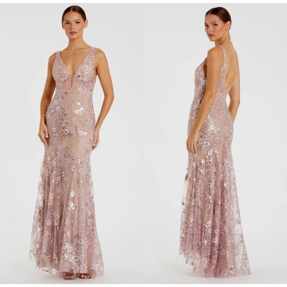 B58 Mac Duggal Gown Womens 8 Floral Mermaid Plunge Neck Garden Feminine Wedding - Picture 1 of 7